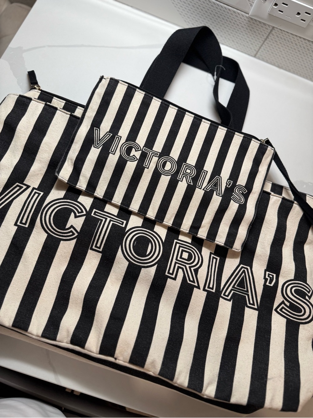 Victoria K Black & Cream Striped Canvas Tote with Logo